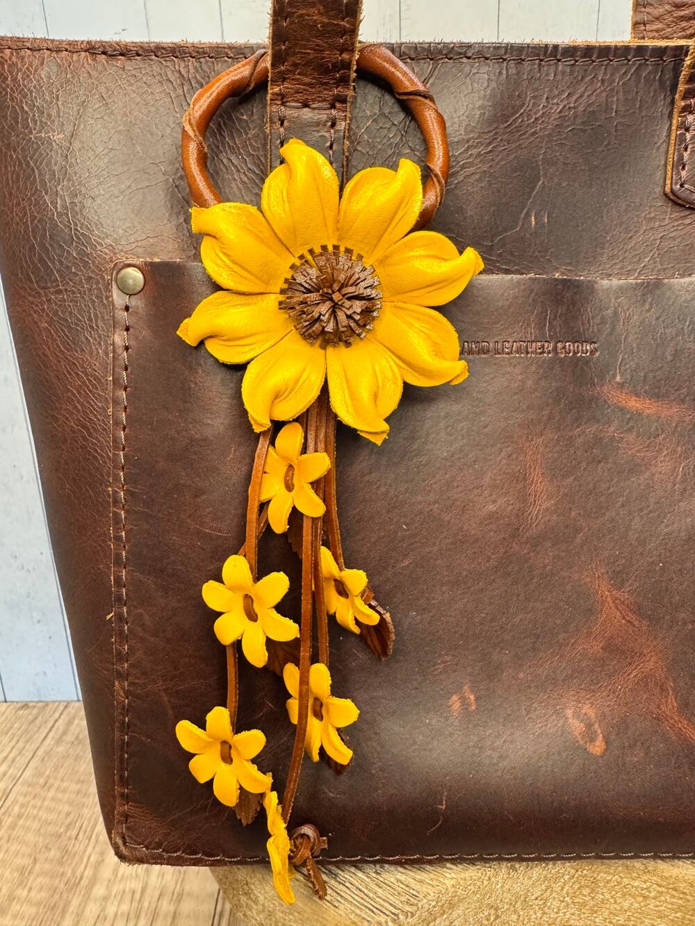 Leather Purse Charm Genuine Leather Yellow Flower Bag Charm Real Leather